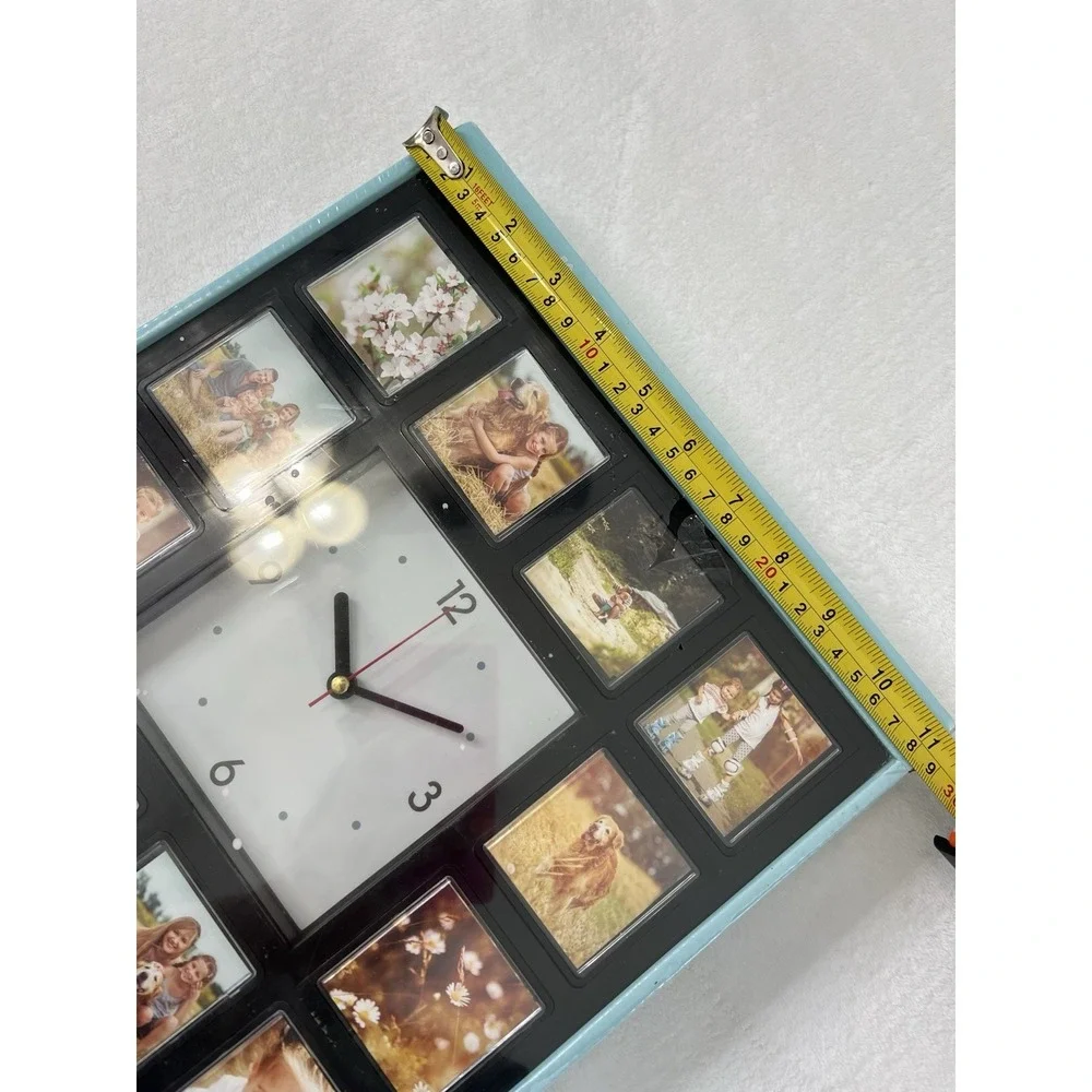 Square Personalized‎ Multi Photo Analog Clock Holds 12 (2x2) Photos Wall Mounted